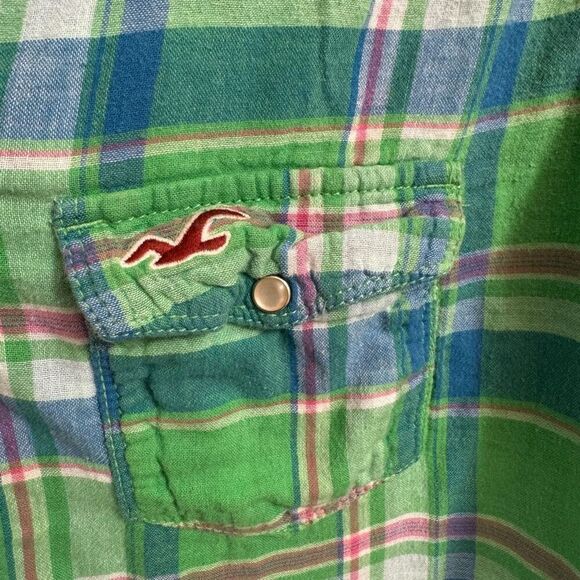 Vintage Y2K 2000s Hollister Green Blue Plaid Button Down Top Large - Picture 4 of 7